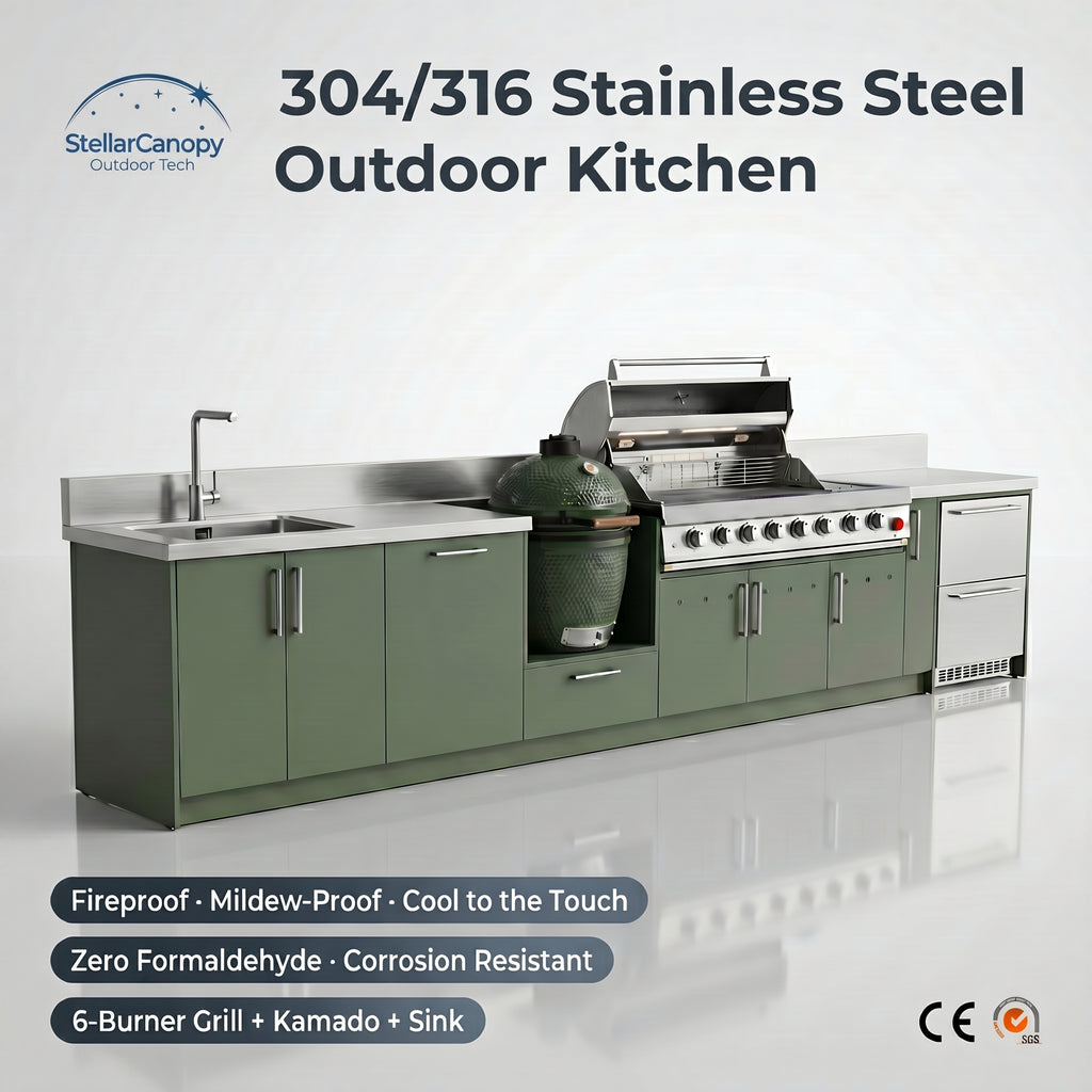 Stainless Steel Outdoor Kitchen Cabinet Set Weatherproof with Sink and Fridge for BBQ Grills Black Design