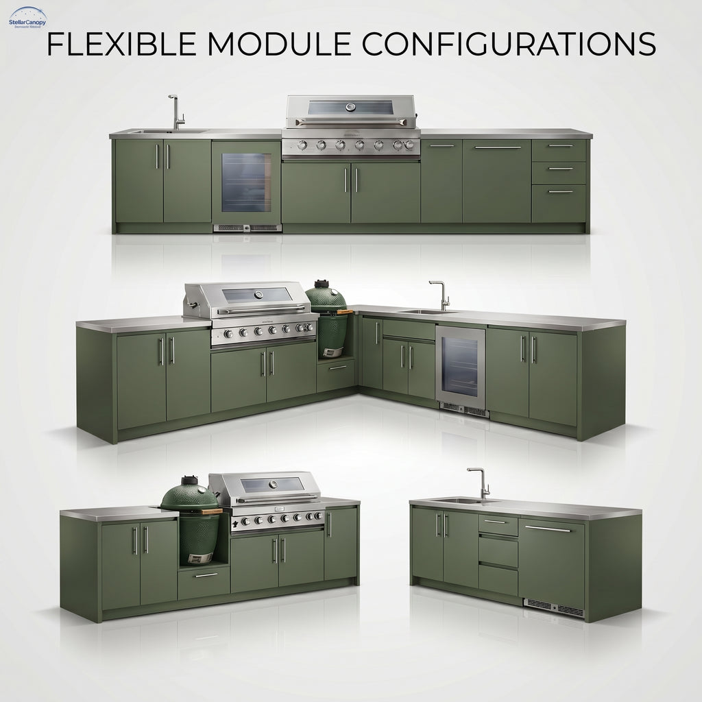 Stainless Steel Outdoor Kitchen Cabinet Set Weatherproof with Sink and Fridge for BBQ Grills Black Design